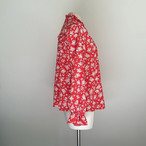 ZARA Floral PEASANT red RUFFLE Luxe Button Down Blouse Tie Top sz Medium - Picture 5 of 7